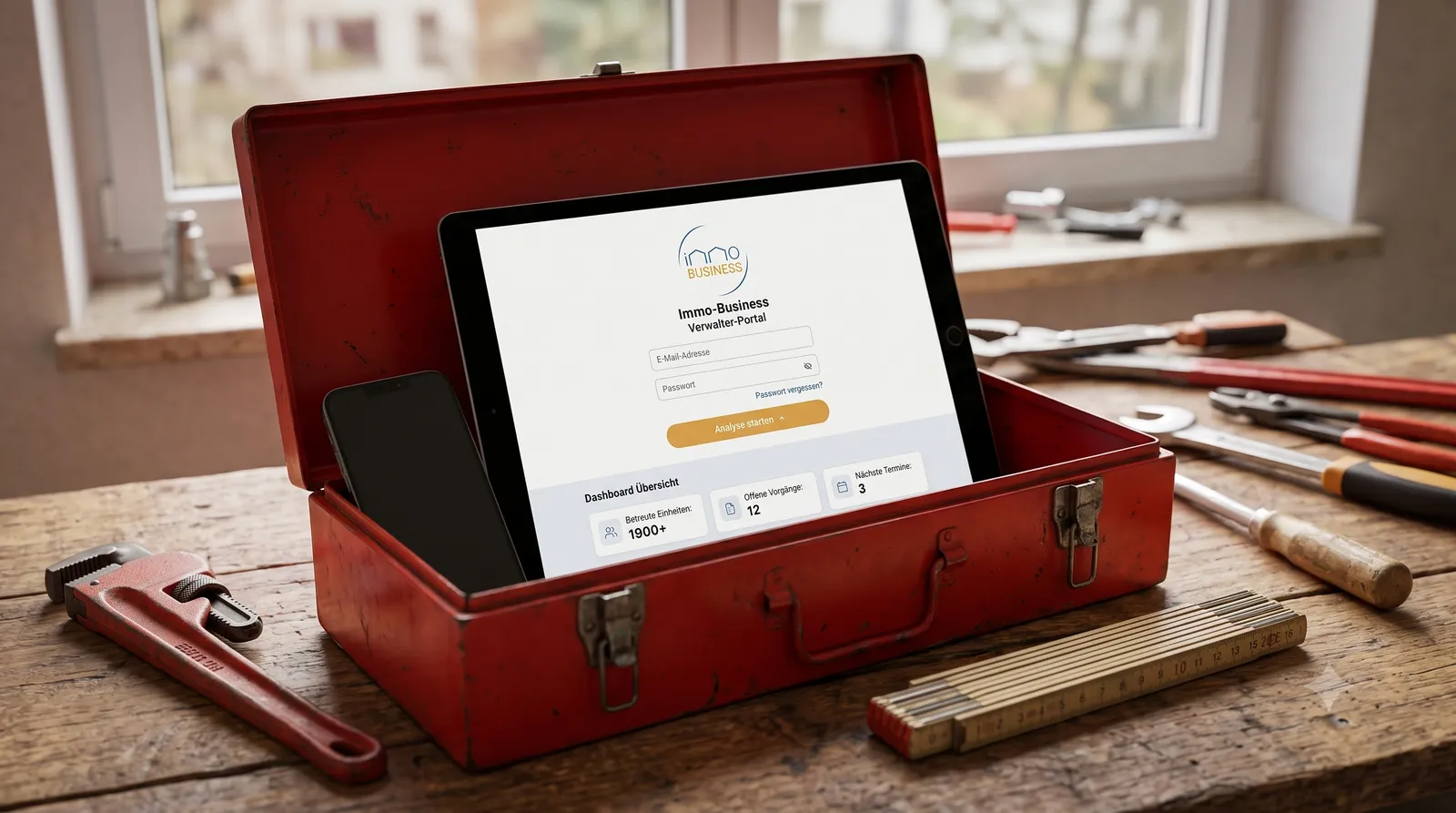 Werkzeugkasten der Immo-Business GmbH | Hausverwaltung Essen Werkzeugkasten der Immo-Business GmbH: Tablet mit Verwalter-Portal, Smartphone und Rohrzange